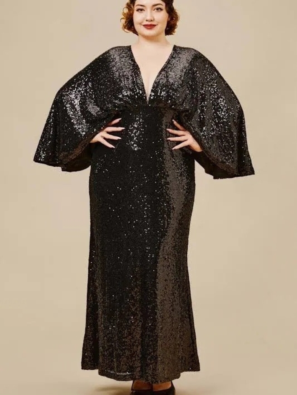 Babeyond Black Sequin V-Neck Evening Gown with Dramatic Sleeves 4x/5x